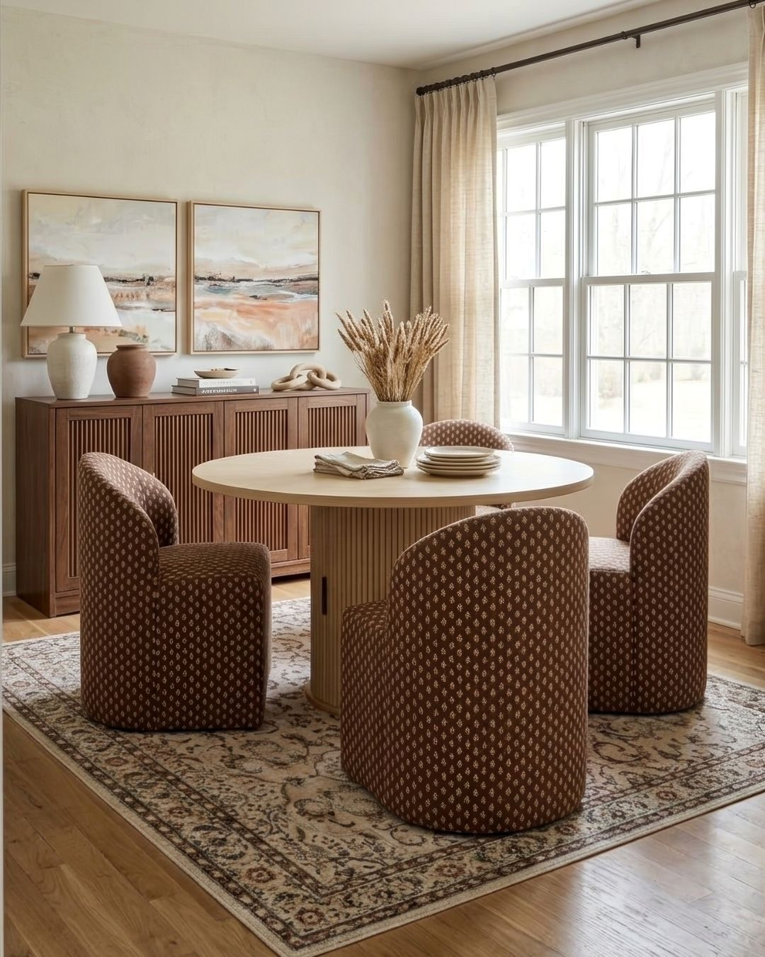 The patterned dining chairs are my absolute favorite part about this dining room. I saw them and knew I needed to create a room around them. The round dining table has hidden storage, which is always a win.

*Note: This is a digital mockup of my room design mood board.

#diningroom #diningroomdesign #diningroominspo #moodboard #diningtable

#LTKHome