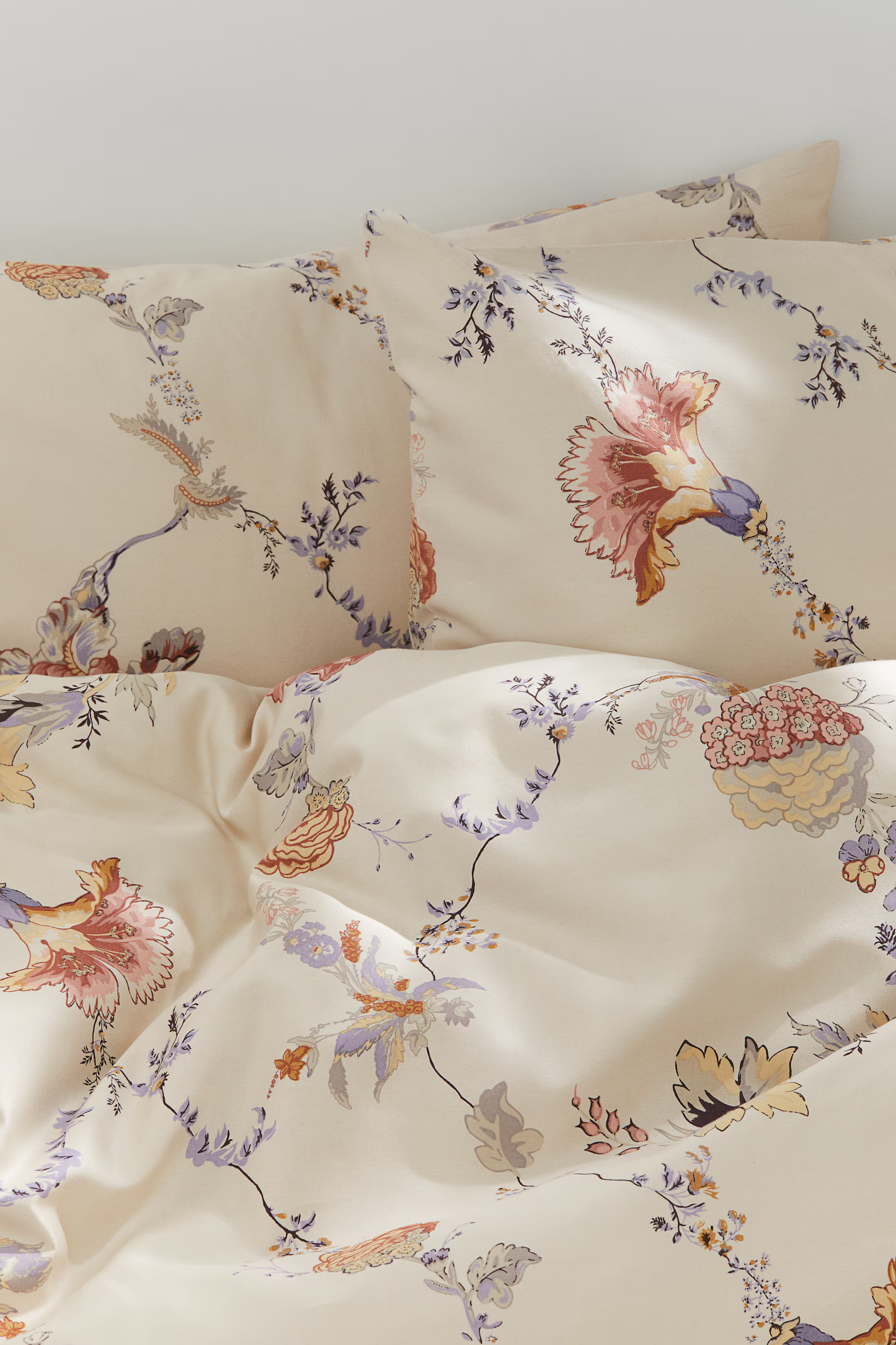 Satin King/Queen Duvet Cover Set - Light dusty beige/floral - Home All | H&M US | H&M (US + CA)