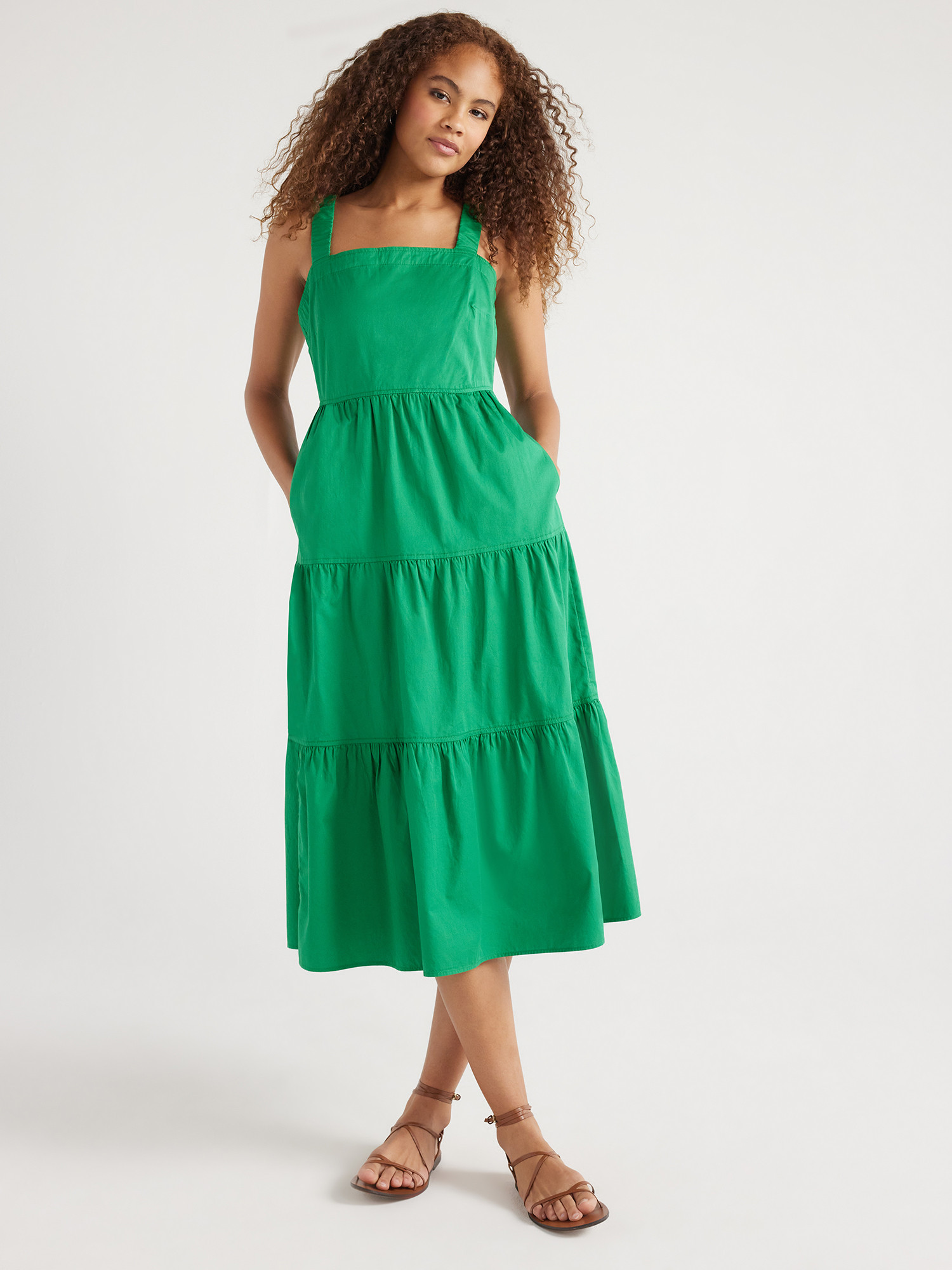 Free Assembly Women’s Cotton Tiered Midi Dress with Pockets, Sizes XS-XXL - Walmart.com | Walmart (US)