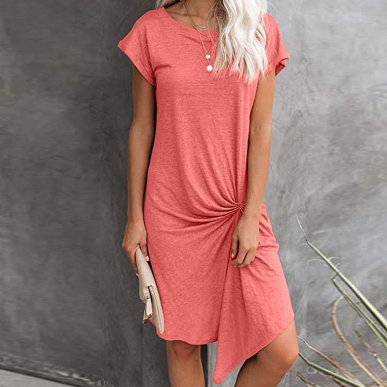 Women O-Neck Short Sleeve Pure Color Mini Dress Dress Pink M | Walmart (US)