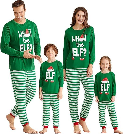 IFFEI Matching Family Christmas Pajamas Sets ELF Tee and Striped Bottom PJ's | Amazon (US)