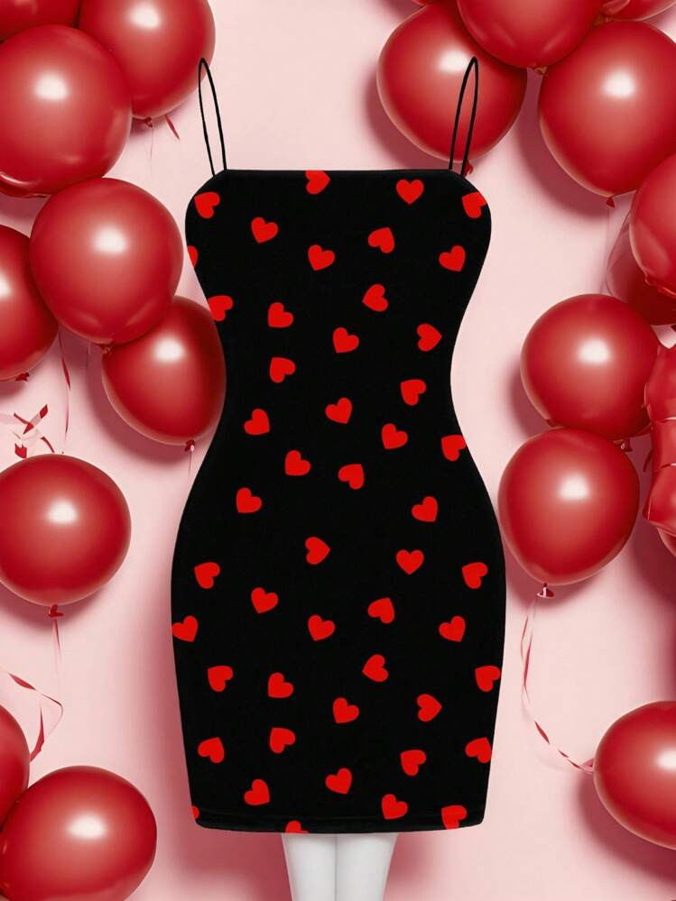 SHEIN EZwear Women's Valentine's Day Spaghetti Strap Dress: Black And Red Heart Print Mini Spaghetti Strap Dress Chic Dress | SHEIN