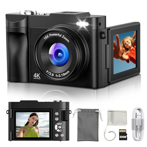 Digital Camera 4K for Photography Vlogging: 50MP Cameras for Video - 16X Zoom Photo Camera Gifts for Teens Ages 8-16 - 180°Flip Screen Compact Cámara - Point and Shoot Digital Cameras for YouTube | Amazon (US)
