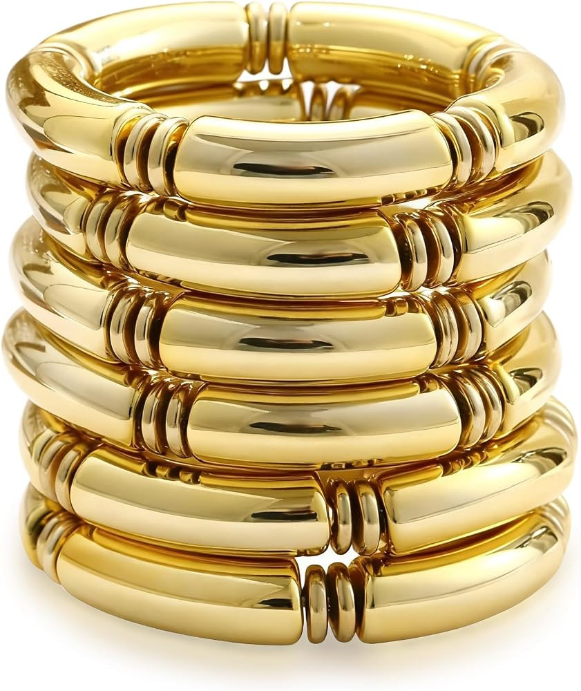 Amazon.com: iF YOU 6pcs Chunky Gold Acrylic Bangle Bracelets for Women, Resin Bamboo Stretchy Bra... | Amazon (US)