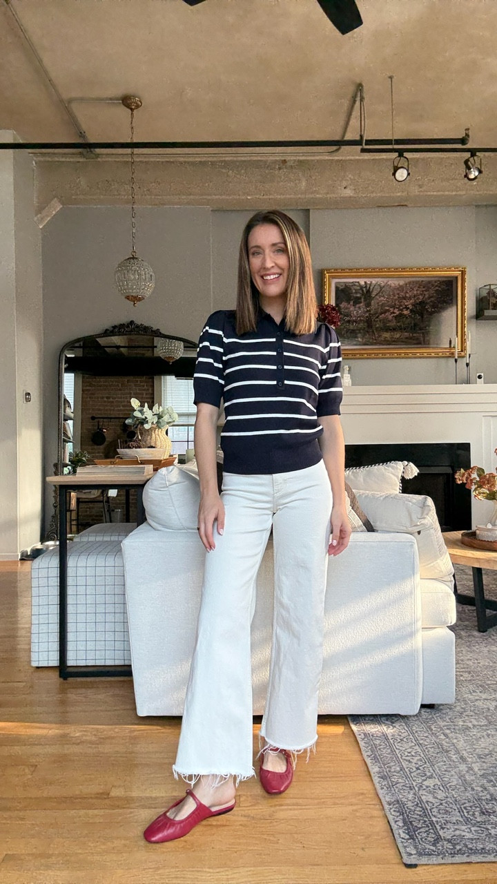 Walmart transitional summer to fall outfit! Navy blue and white puff sleeve button down short sleeve sweater with white ripped sailor jeans and red mary jane mule/ballet flat. East coast summer. Preppy outfit. Workwear look. Classroom teacher outfit.  

 #LTKSaleAlert #LTKFindsUnder50 #LTKWorkwear