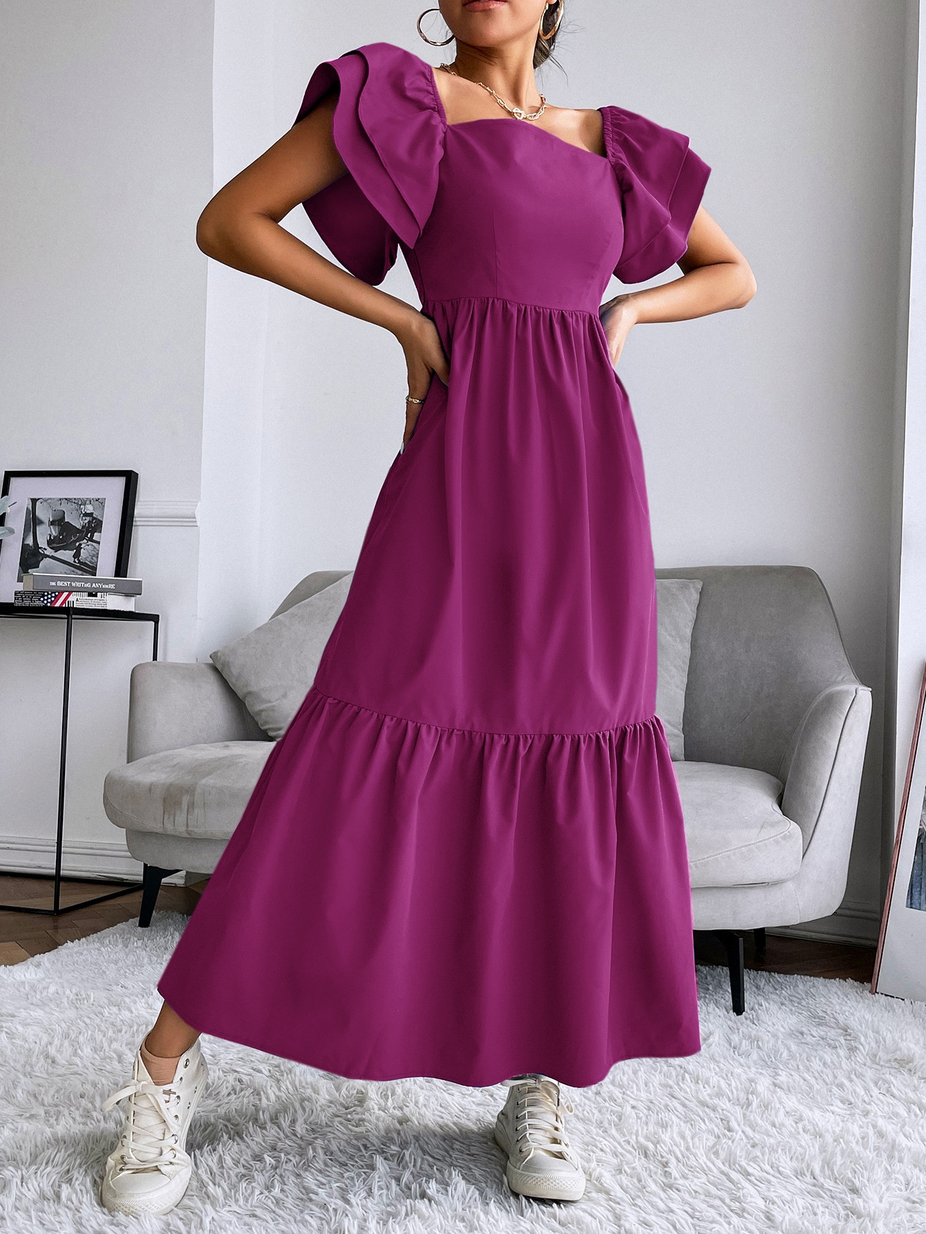 SHEIN Modely Layered Sleeve Ruffle Hem Dress | SHEIN
