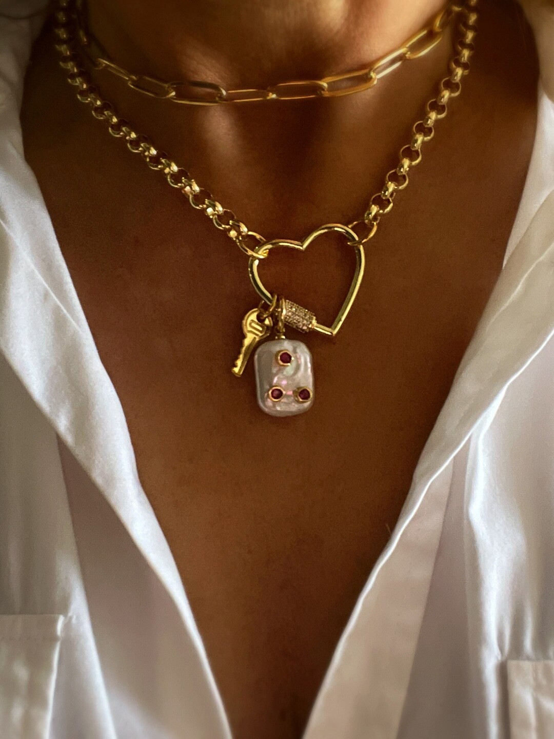 Gold heart carabiner necklace, gold lock necklace, Rolo chain charm necklace,carabiner lock neckl... | Etsy (US)