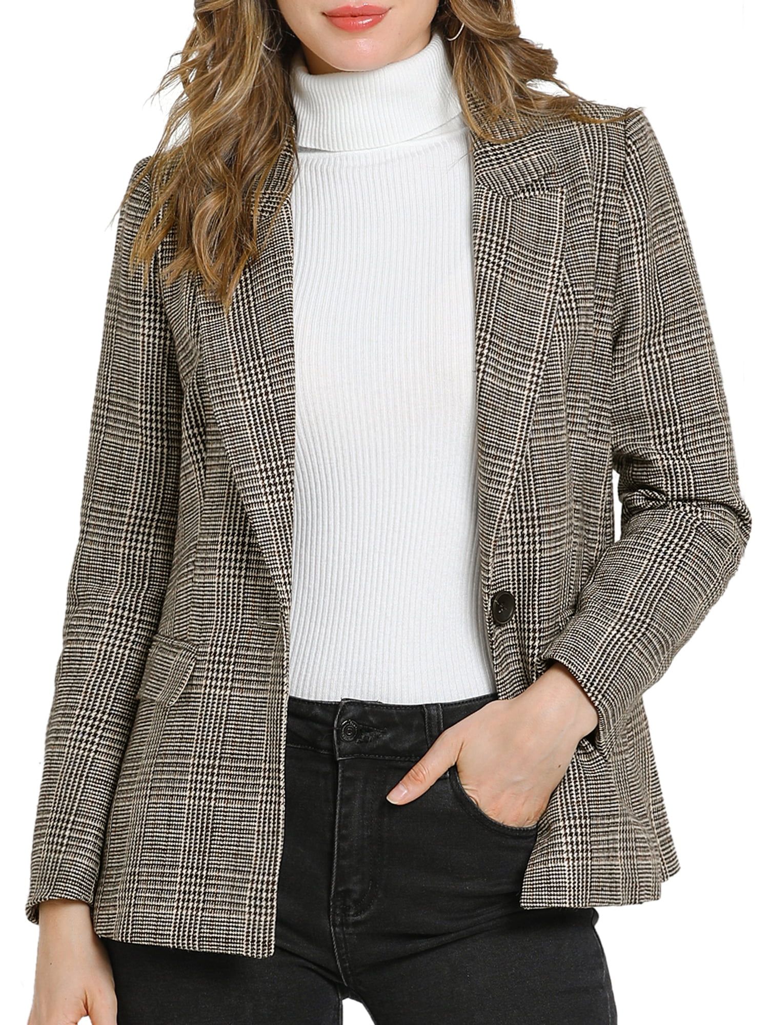 Allegra K Women's Notched Lapel One Button Hip Length Houndstooth Blazer | Walmart (US)