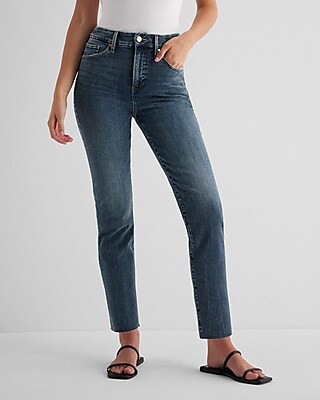 High Waisted Dark Wash Raw Hem Flexx Straight Ankle Jeans | Express
