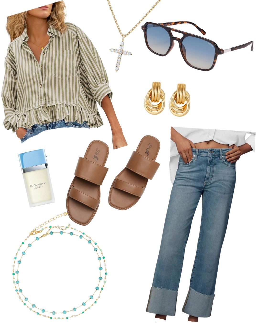 Olive stripe ruffle top + wide leg cuffed jeans + tan double-strap slides = the summer outfit formula 🌿 Styled with a crystal cross necklace, gold knot earrings, tortoise aviators & a turquoise beaded layered necklace. All pieces linked — tap to shop the full look! ☀️

#LTKootd #LTKWorkwear #LTKSaleAlert