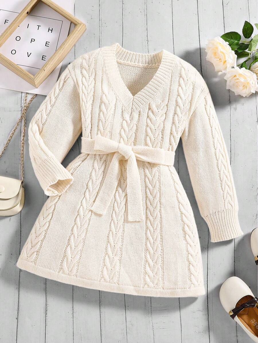 Young Girl Cable Knit Belted Sweater Dress | SHEIN