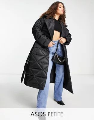 ASOS DESIGN Petite nylon quilted maxi puffer coat in black | ASOS | ASOS (Global)
