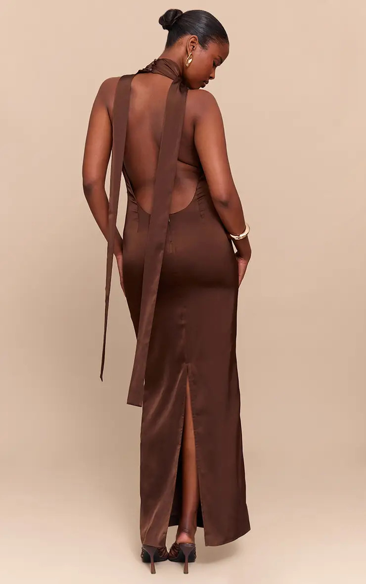 Chocolate Satin Cowl Neck Drape Maxi Dress | PrettyLittleThing UK