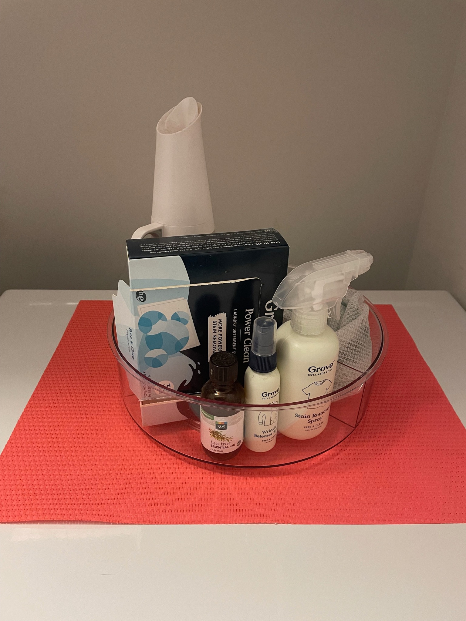 No shelving in laundry room? We used the 11.5" deep acrylic turntable to contain all our Grove laundry products 🧼 

#LTKhome #LTKunder50 #LTKfamily