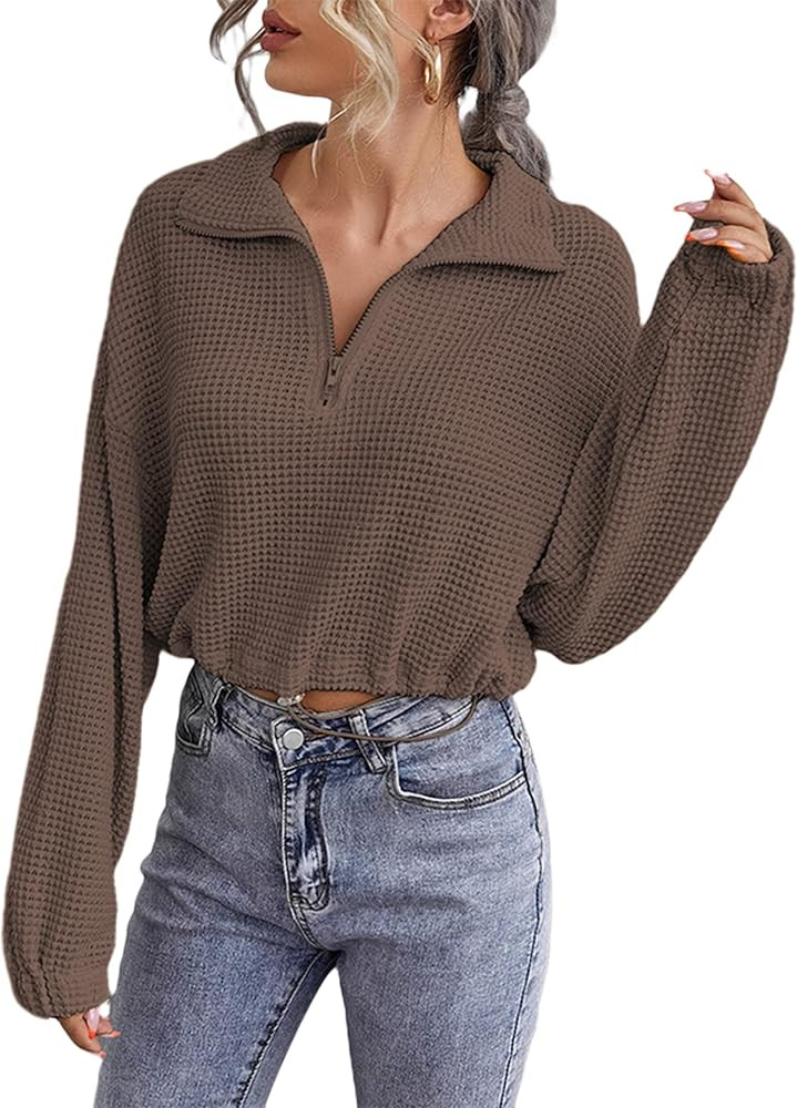 LilyCoco Women's Quarter Zip Pullover Waffle Knit Long Sleeve Crop Tops | Amazon (US)