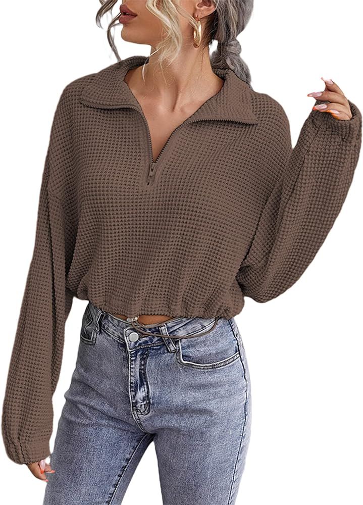 LilyCoco Women's Quarter Zip Pullover Waffle Knit Long Sleeve Crop Tops | Amazon (US)