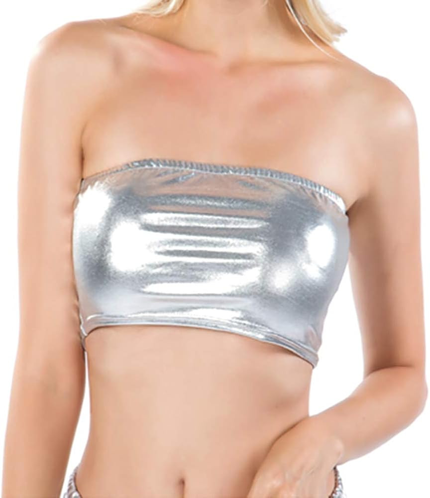 Flyrose Women's Shiny Metallic Strapless Crop Tube Top Rave Bandeau Bra | Amazon (US)