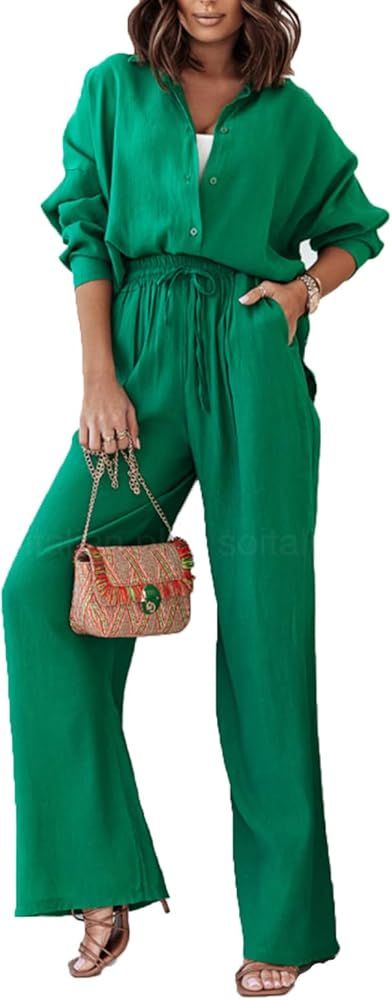 Women Two Pieces Floral Pants Set Long Sleeve Button Down Shirt Blouse+Wide Leg Pants Loose Pleated  | Amazon (US)