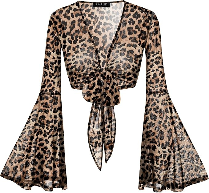 For G and PL Women Tie Front Bell Sleeve Rave Crop Tops Floral Print Hippie Mesh Sheer Shirt | Amazon (US)