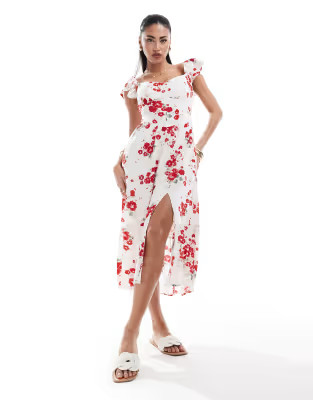 Hollister floral print flutter sleve v-waist midi dress in cream | ASOS (Global)