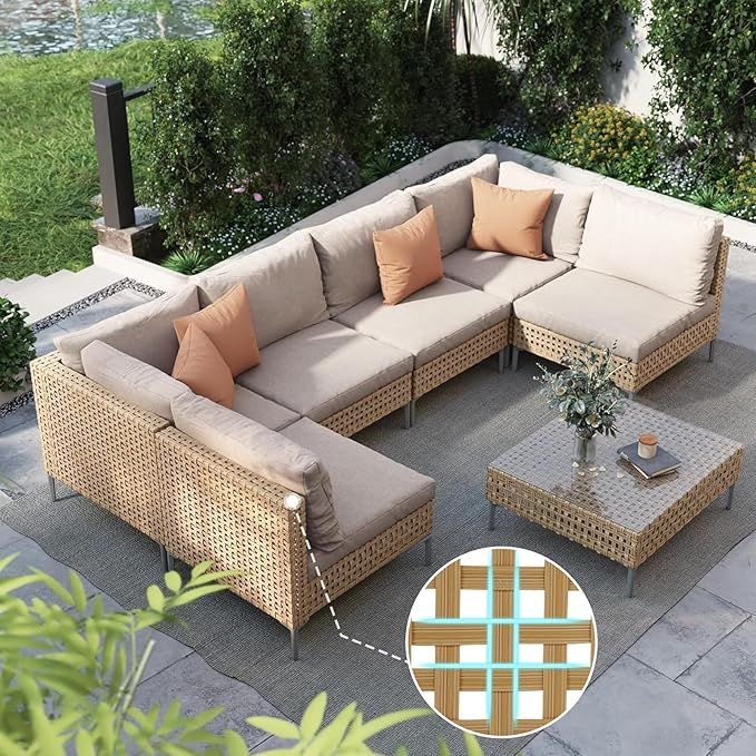 Grand patio 7-Piece Wicker Patio Furniture Set, Boho Outdoor Conversation Set Sectional Sofa with... | Amazon (US)