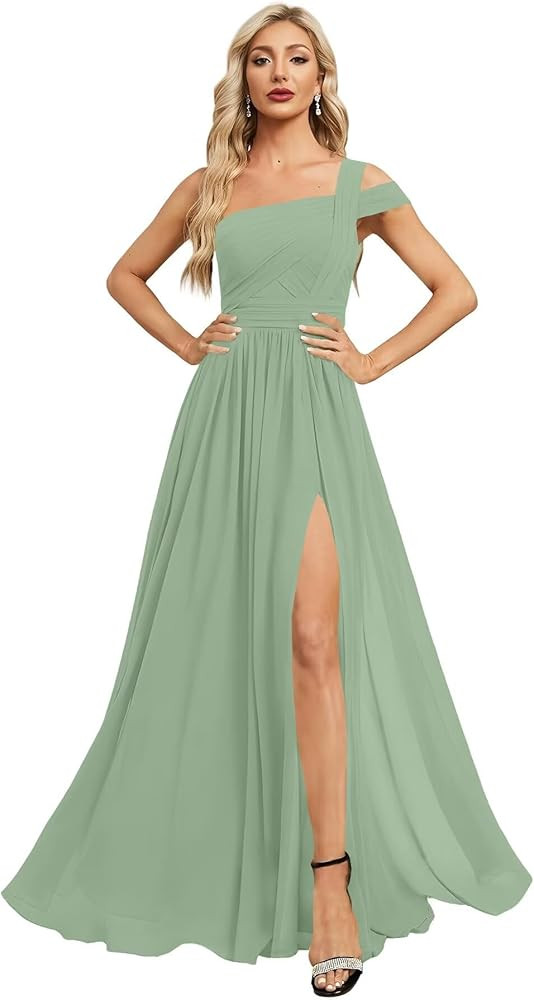 One Shoulder Chiffon Bridesmaid Dresses Long with Slit A-line Ruched Formal Gowns for Women with ... | Amazon (US)