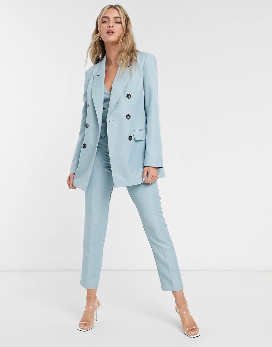 ASOS DESIGN double breasted slim dad 3 piece suit blazer in chalky blue | ASOS (Global)