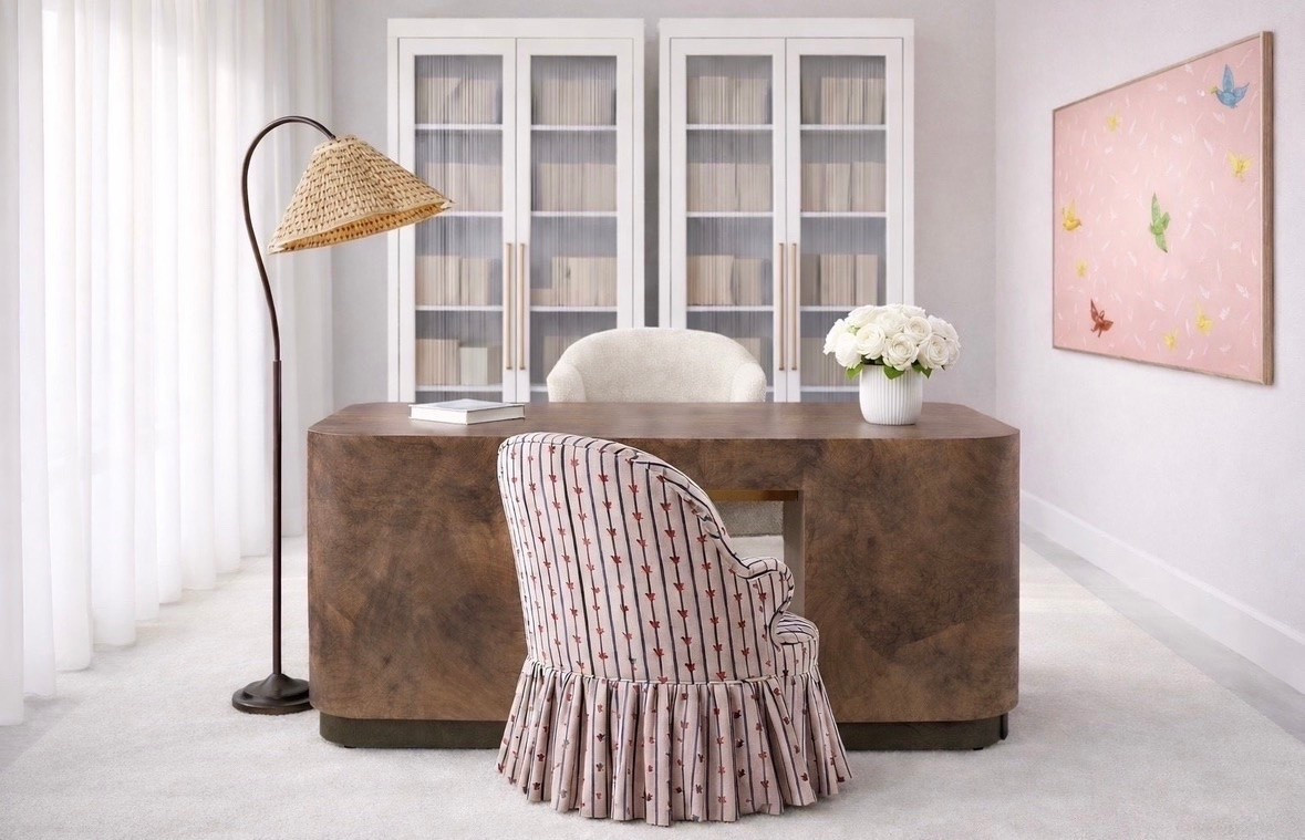 This home office feels especially right for back-to-school season—bright, polished, and organized, while still feeling warm and inviting. The glass-front bookcases bring in beautiful storage without making the room feel heavy, and I love how they keep the space looking crisp, tailored, and collected. The executive desk adds so much presence with its rich wood grain and softly curved silhouette, giving the whole room a more elevated, refined feel. Paired with a comfortable upholstered chair, a sculptural floor lamp, a soft rug, and a striking Paule Marrot artwork, the space feels sophisticated, layered, and beautifully designed for everyday work from home.

Arhaus up to 50% off — ends today.

#BackToSchool #HomeOffice #HomeOfficeDesk #HomeOfficeChair #Bookcase #Bookshelf #FloorLamp #Rug #Art #PauleMarrot #Arhaus

#LTKdayinmylife #LTKHome #LTKSaleAlert