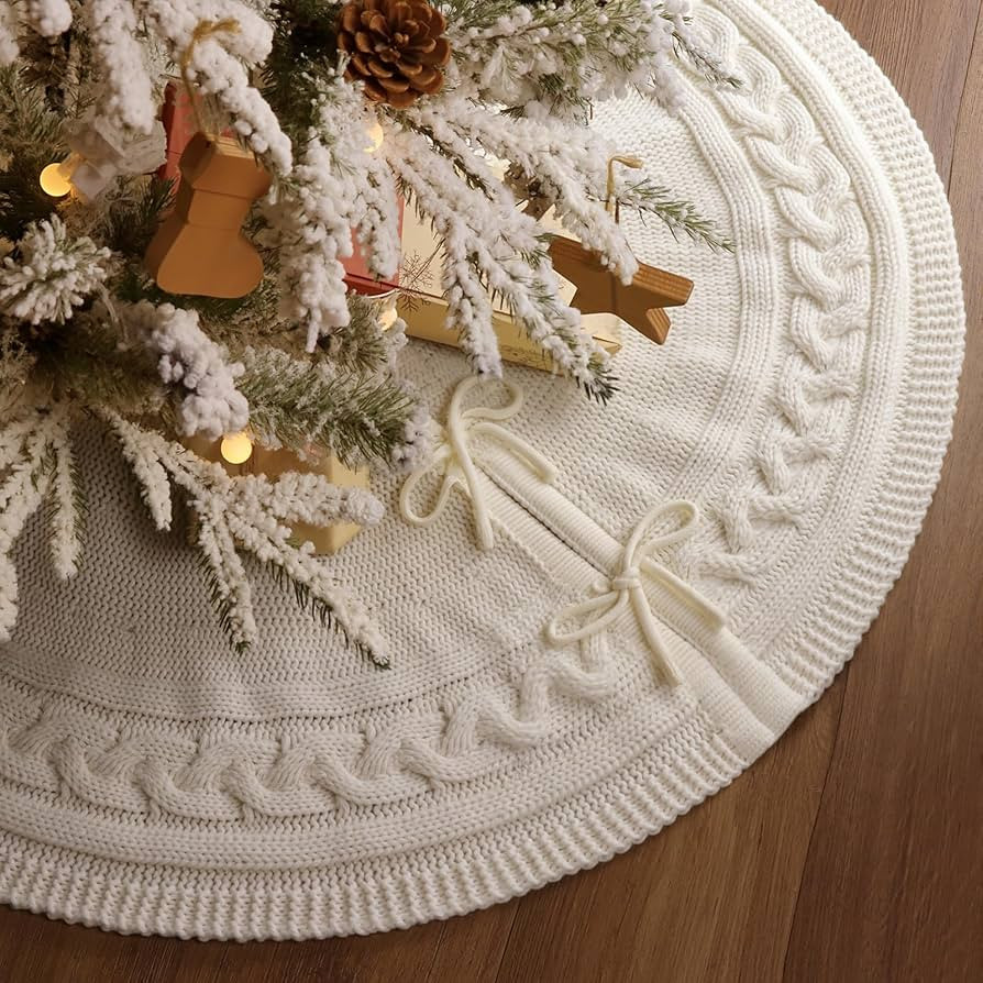 Christmas Tree Skirt 36 Inches: Braided Cable Knit Round Cream White Tree Skirt, Thick Rustic Chr... | Amazon (US)