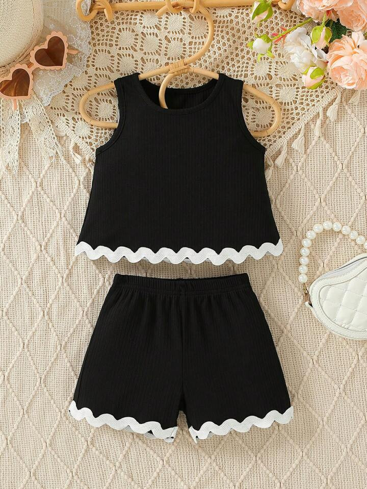 Baby Girl Vacation Colorblock Tank Top And Shorts Set With Woven Belt, Suitable For Summer | SHEIN