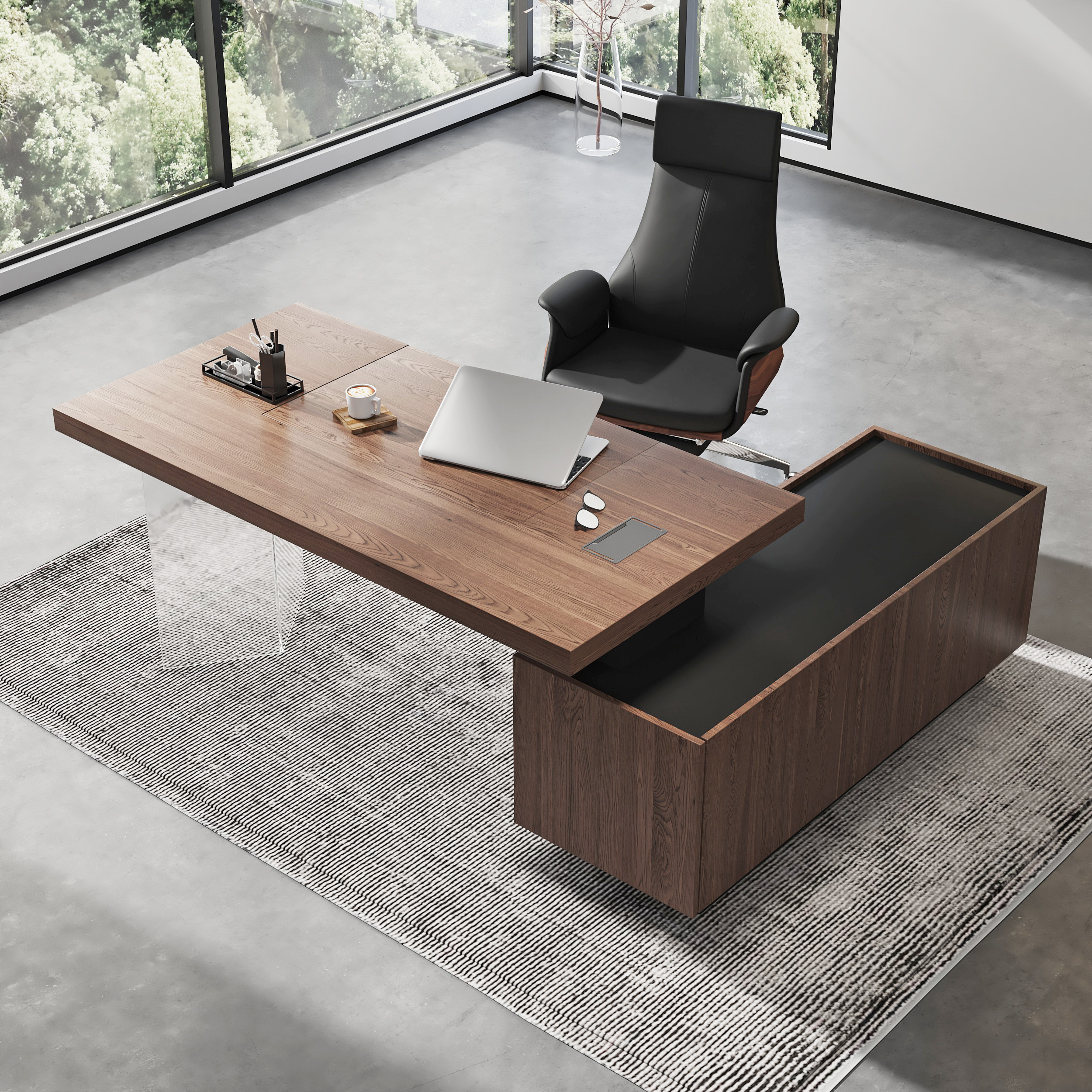 71.5" Modern Walnut Standing L-Shape Desk & Reclining Leather Office Desk Chair | Homary