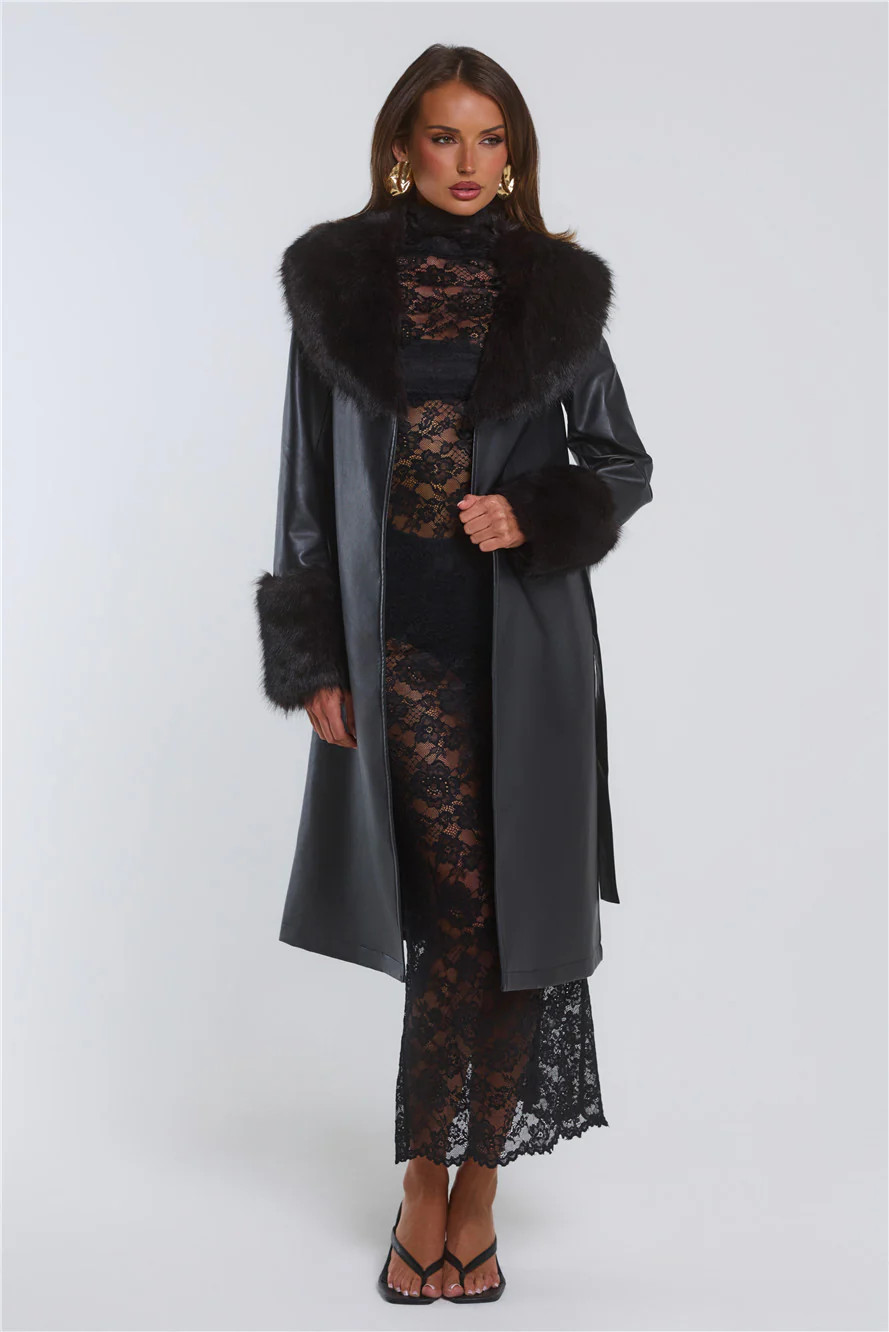The Front Row Belted Faux Leather Fur Coat Black | Hello Molly (US)