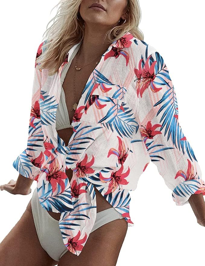 LaLaLa Women's Summer Casual Swimsuit Cover Ups Button Down V Neck Beach Swimwear Bathing Suit Co... | Amazon (US)
