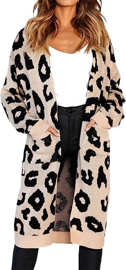 BTFBM Women Long Sleeve Open Front Leopard Knit Long Cardigan Casual Print Knitted Maxi Sweater C... | Amazon (US)