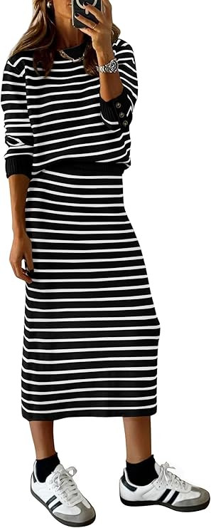 PRETTYGARDEN Women 2 Piece Striped Sweater Skirt Set | Cozy Knit Matching Outfit, Crew Neck Long ... | Amazon (US)