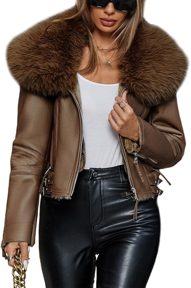 Bellivera Women's Faux Leather Jacket Moto Biker Sherpa-Lined Coat with Removable Fur Collar | Amazon (US)