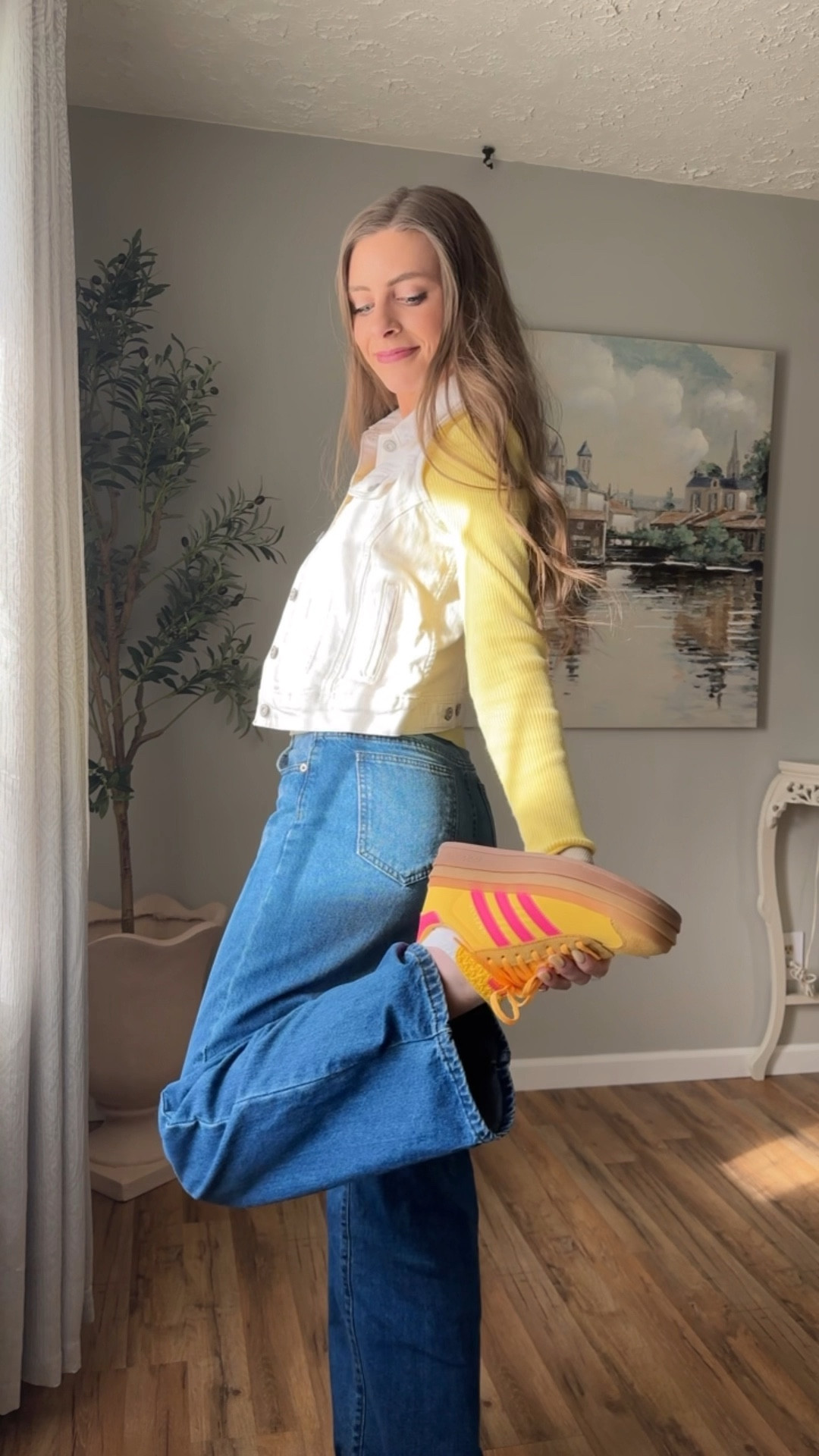 OOTD 3/18/25

Yellow ribbed long sleeve t shirt top, white denim vest cropped Levi jeans, long baggy jeans, high waisted medium wash denim Cupshe, yellow pink adidas gazelle platform low top sneakers, gold dainty custom charm necklace jewelryy

#LTKShoeCrush #LTKSpringSale #LTKStyleTip