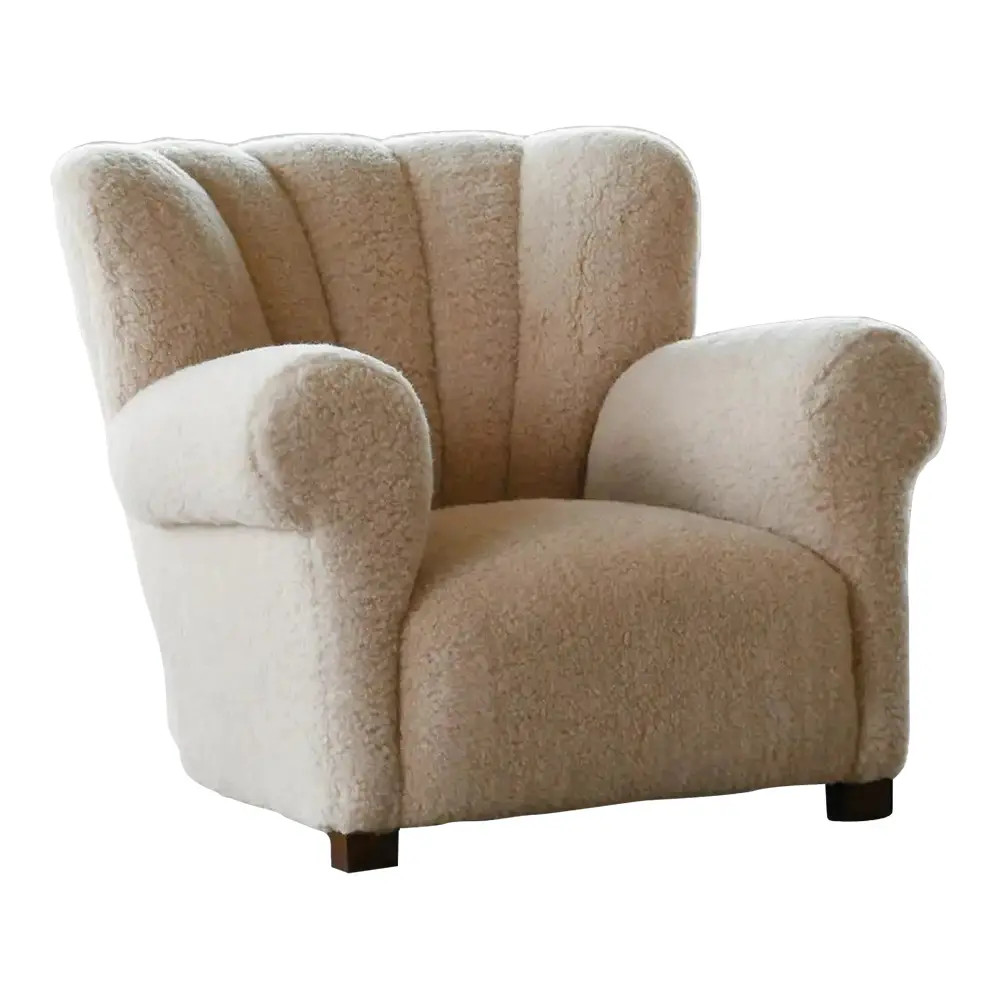 Danish Modern Club Chair in Beige Lambswool, 1940's | Chairish