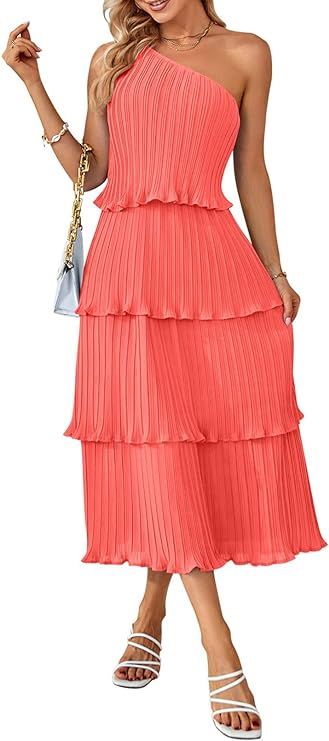 MEROKEETY Women's Summer One Shoulder Sleeveless Pleated Ruffle Tiered Layered Chiffon Party Dres... | Amazon (US)