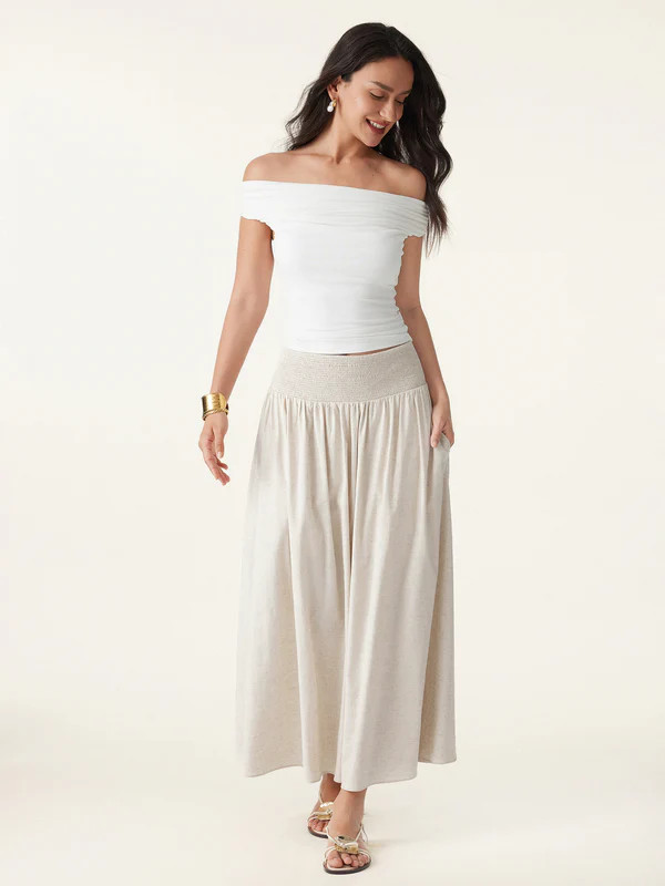 European Linen Smocked Waist Skirt with Pockets | OGLmove
