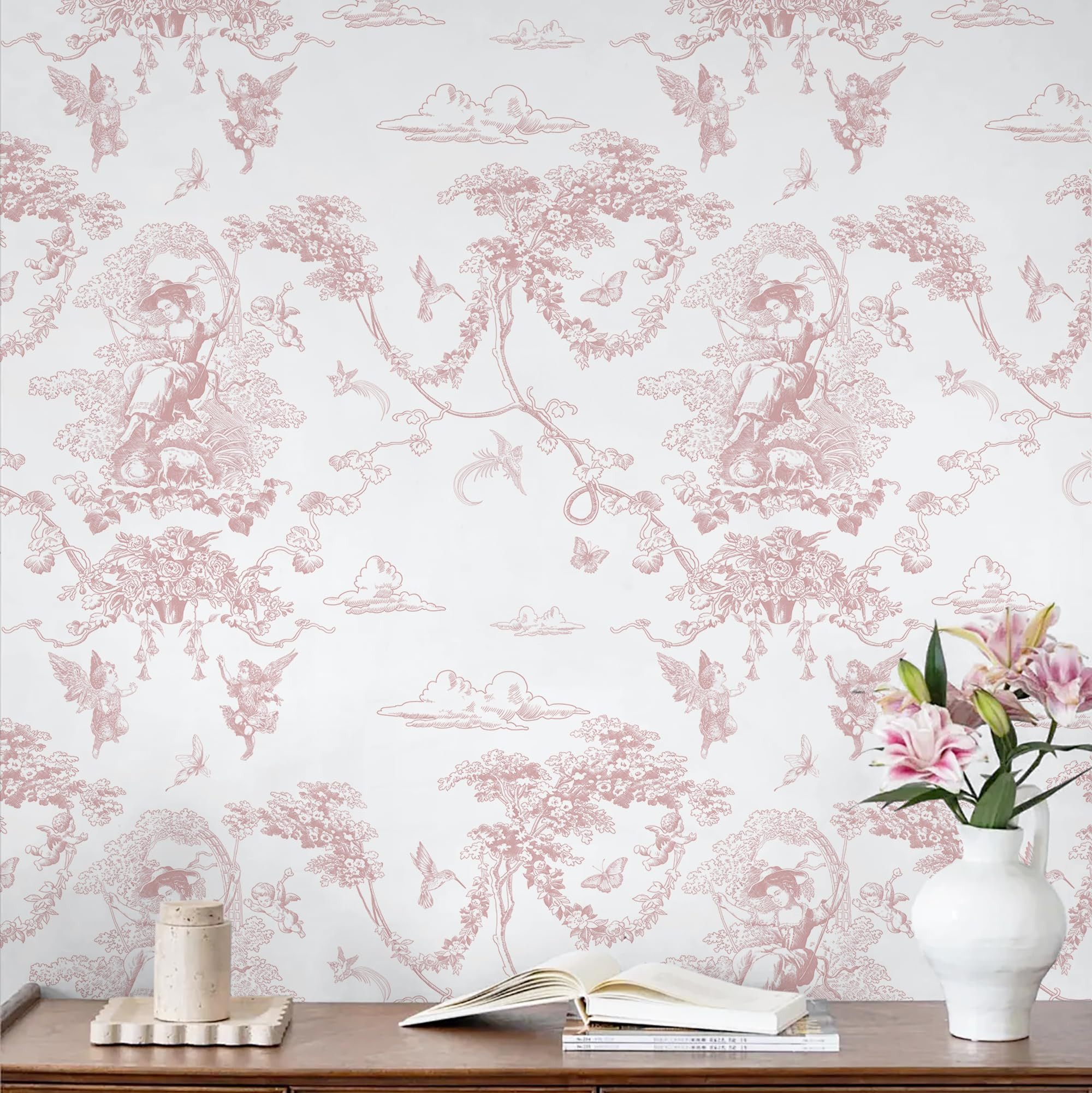 CiCiwind Peel and Stick Wallpaper Pink and White Wallpaper Vintage Toile Wall Paper for Bathroom ... | Amazon (US)