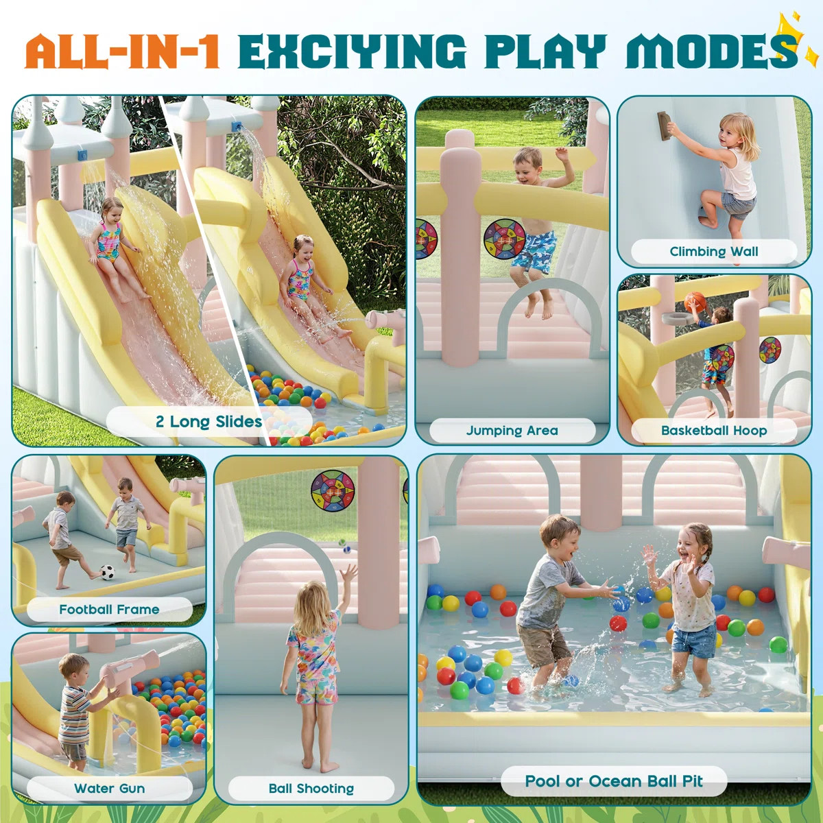Inflatable Bounce House, Water Slide With Jumping Area, Climbing Wall, Splash Pool And Water Gun,... | Wayfair North America