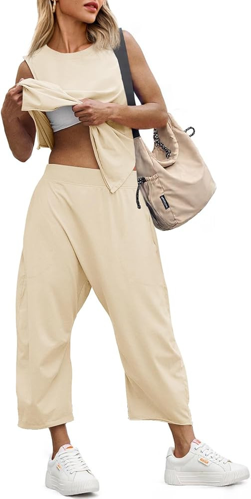 Fisoew Women's Summer 2 Piece Outfits Sleeveless Tank Tops and Wide Leg Pocketed Pants Workout Sw... | Amazon (US)