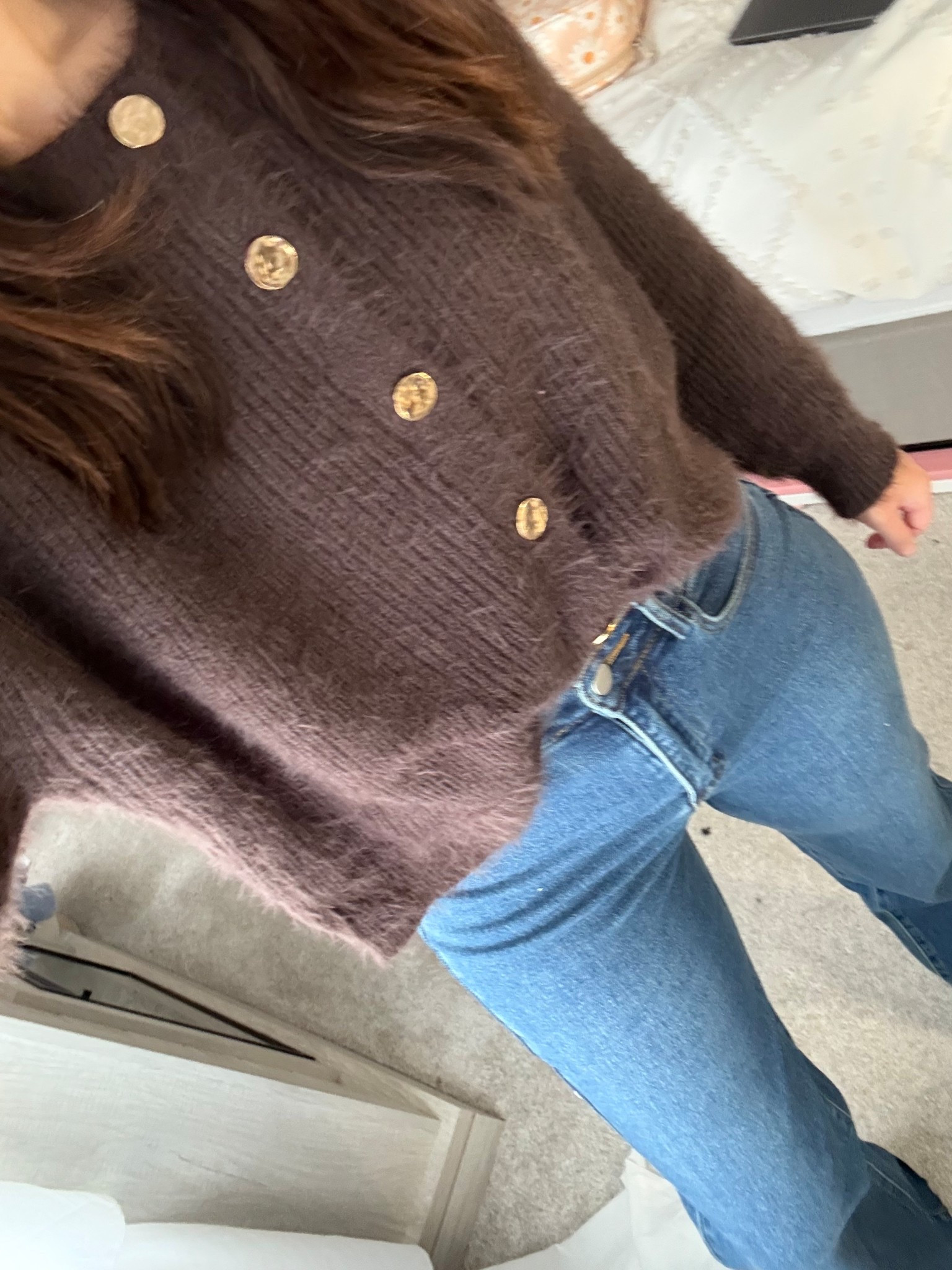 Cute trendy brown sweater with gold details and the perfect pair of wide leg jeans! Fitted at the top and wide but not baggy at the bottom! Great length to wear with a small heel (I’m 5’3”). I sized down to a 25. Small in the top. Code novemeber20

#LTKFindsUnder100 #LTKFindsUnder50 #LTKStyleTip