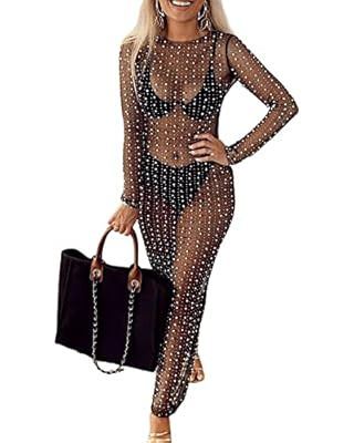 Chloefairy Women's Pearl Cover Up Dress Rhinestone Sheer Mesh Long Maxi Dress Summer Beach Bathin... | Amazon (CA)