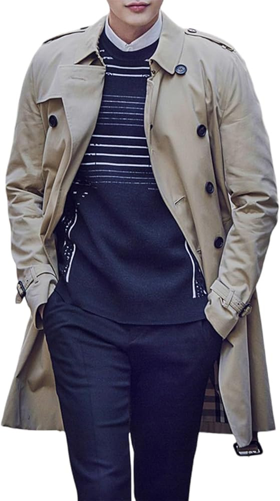 HAILM Slim Fit Trench Coat for Men Gentle Band Collar Single Breasted Dress Coat with Pockets | Amazon (US)