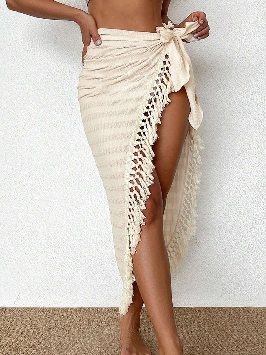 Swim Vcay Falda cubierta de playa para mujeres con ribete de flecos y lazo delantero para vacacio... | SHEIN