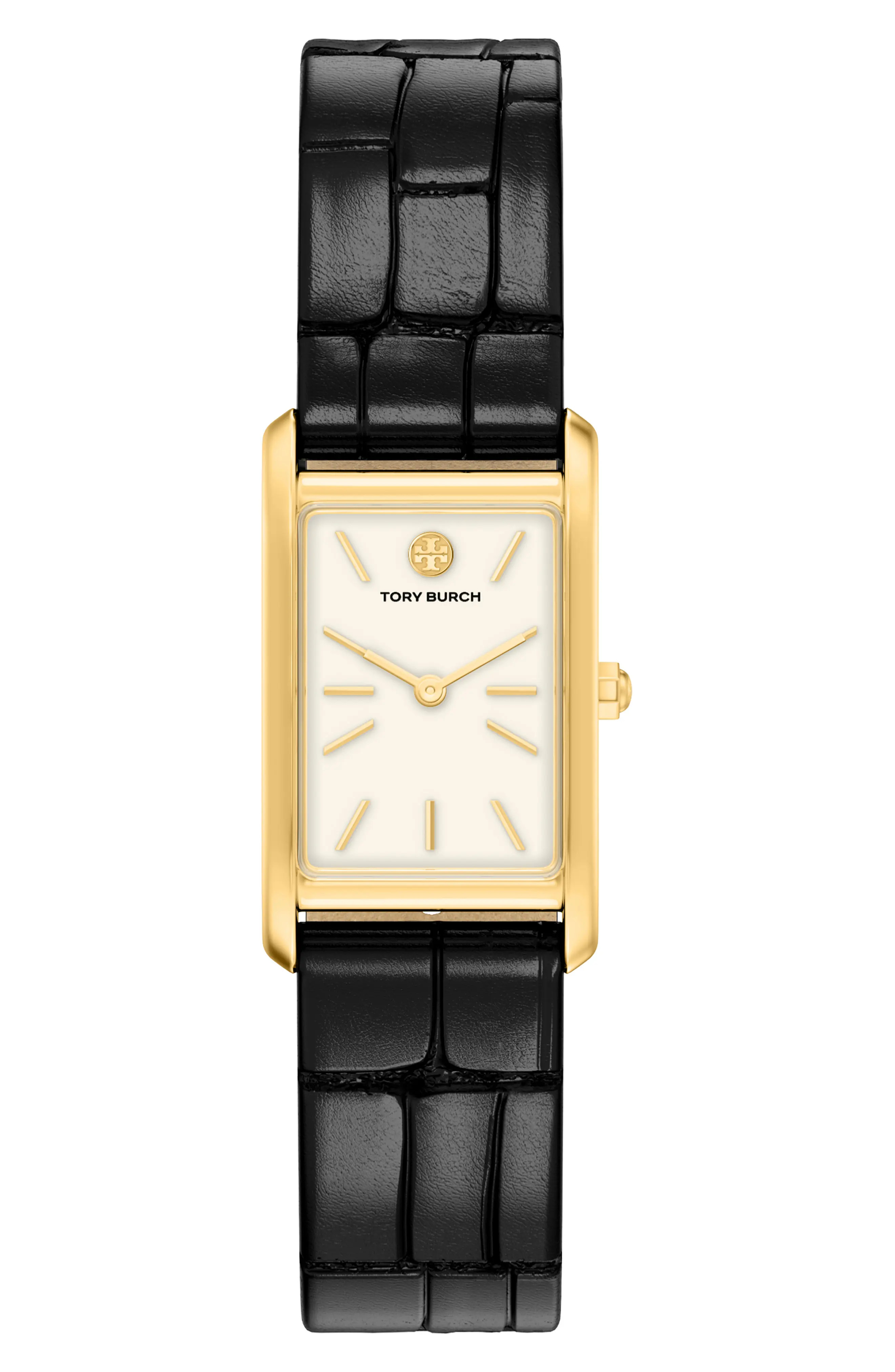 Tory Burch The Eleanor Slim Tank Leather Strap Watch, 20mm x 34mm in Black/Gold at Nordstrom | Nordstrom