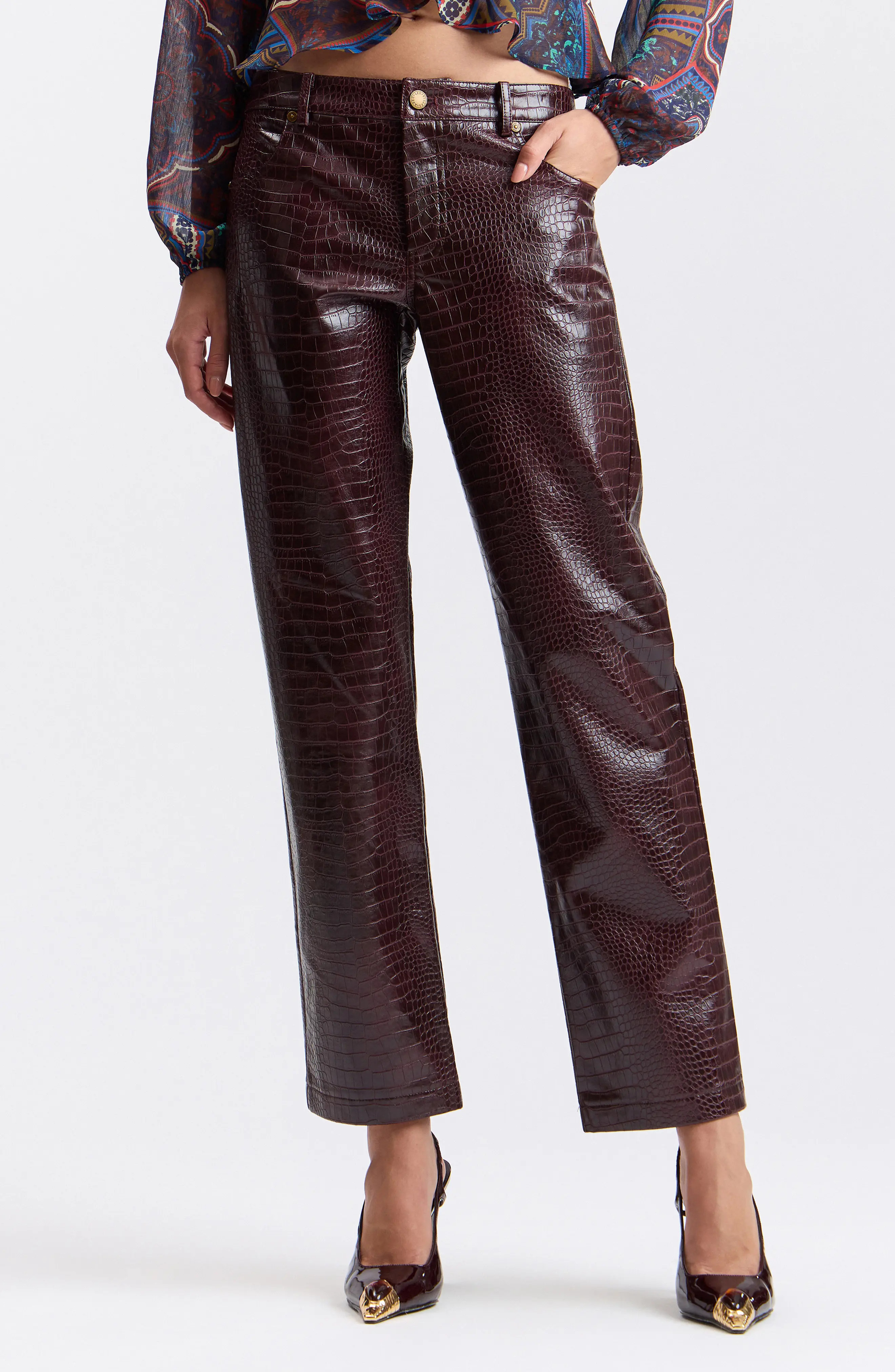Avec Les Filles Croc Embossed Faux Leather Pants in Bordeaux at Nordstrom, Size 2 | Nordstrom