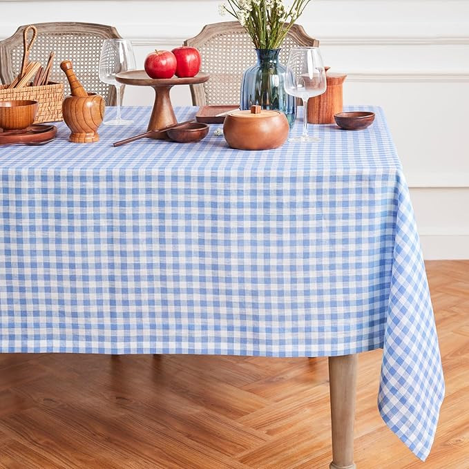 Solino Home Gingham Tablecloth 60 x 108 Inch - 100% Pure Linen Hydrangea Blue Table Cloth for Rec... | Amazon (US)